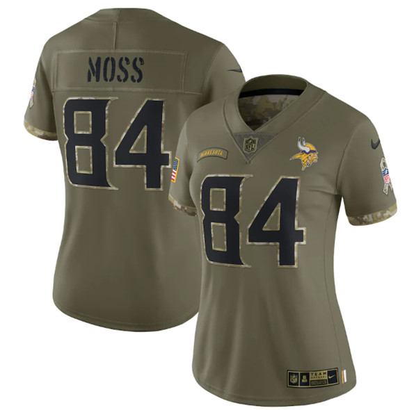 Women's Minnesota Vikings #84 Randy Moss 2022 Olive Salute To Service Limited Stitched Jersey(Run Small)